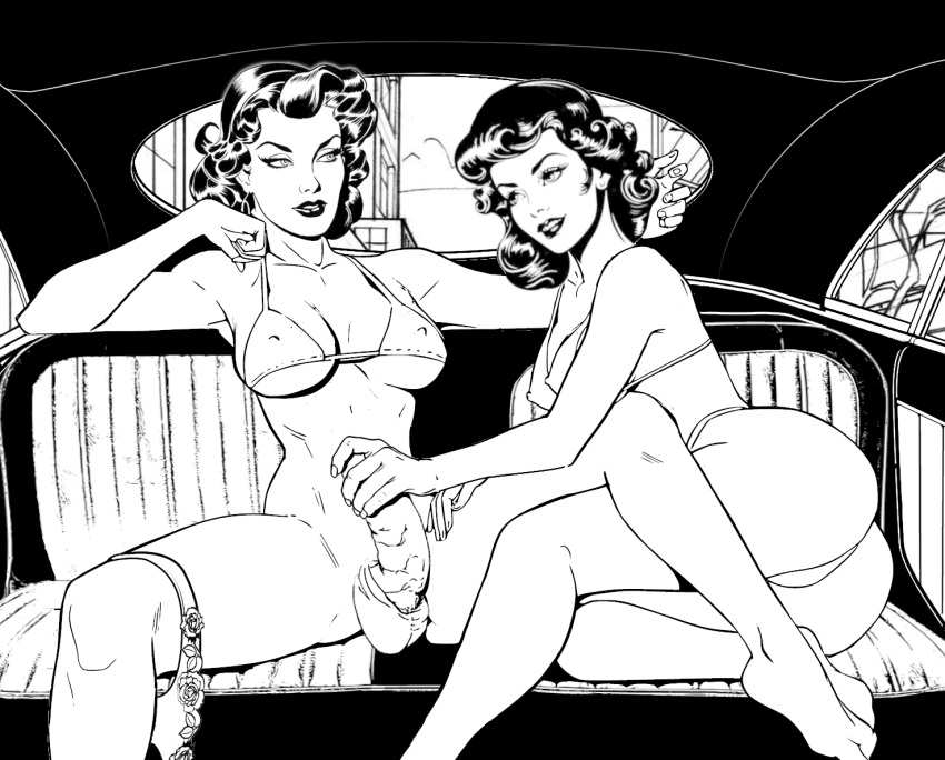 2futas abacusrepair futanari holding_penis monochrome retro