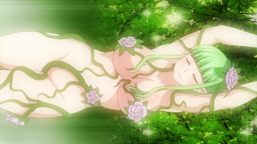 breasts completely_nude_female elf-san_wa_yaserarenai flower green_hair kusahanada plant_girl plus-sized_elf tagme vines