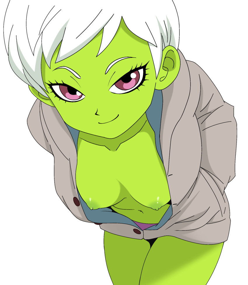 1girl bottomless cheelai colored_skin curvy dragon_ball dragon_ball_super female_focus female_only green_skin petite pink_eyes shirt shirt_only short_hair white_hair xeno_doujin xenojinshi