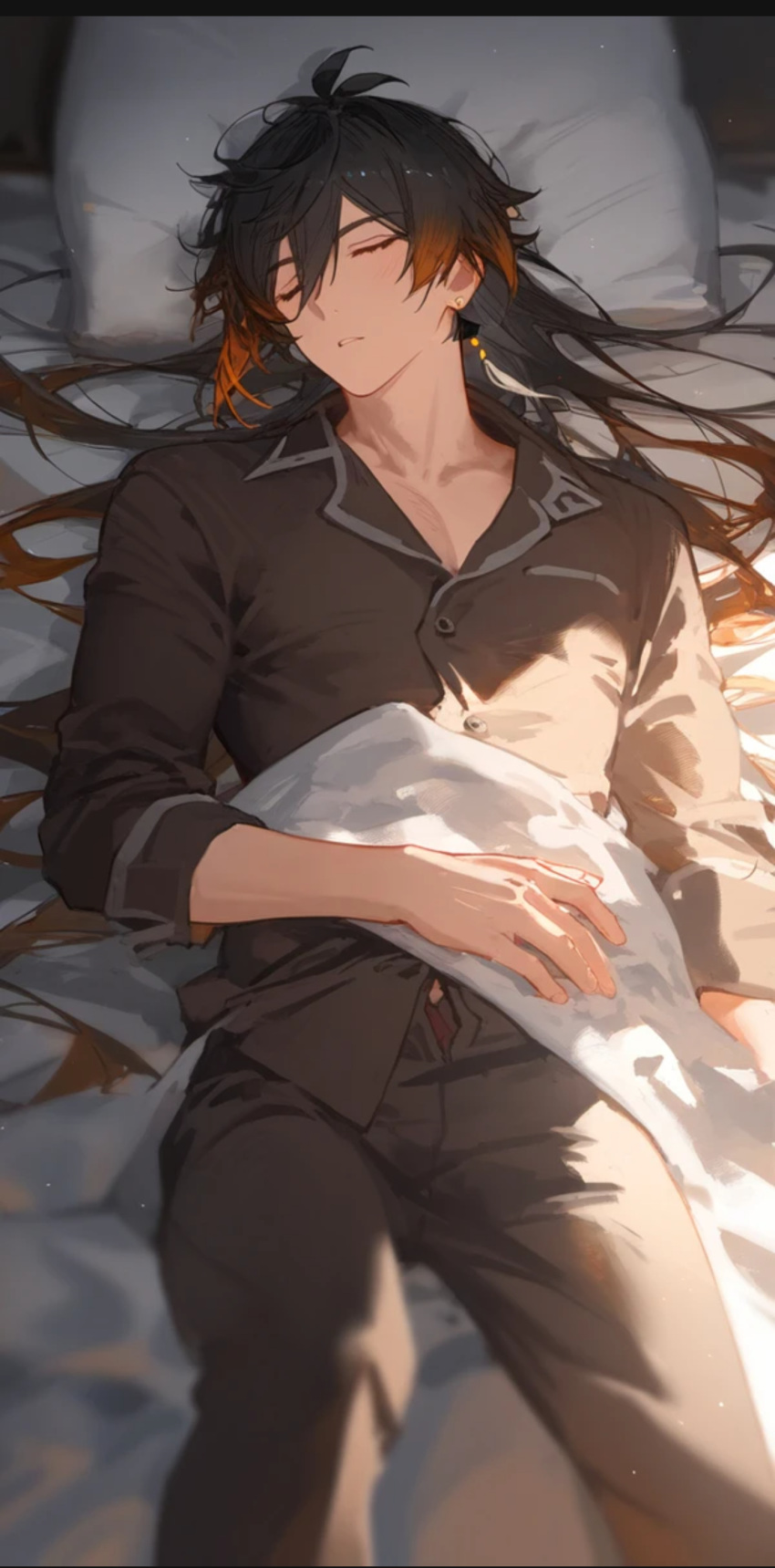 1boy genshin_impact image_sample male male_only nomune pajamas pixiv sleeping solo_focus solo_male zhongli_(genshin_impact)