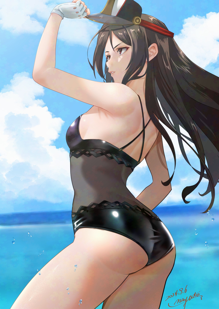 1girl absurd_res alluring ass black_hair black_one-piece_bikini fingerless_gloves gloves hair_between_eyes high_res long_hair morag_ladair morag_ladair_(obligatory_leave)_(xenoblade) nayuta-kanata one-piece_bikini small_breasts swimsuit visor_cap white_gloves xenoblade_(series) xenoblade_chronicles_2