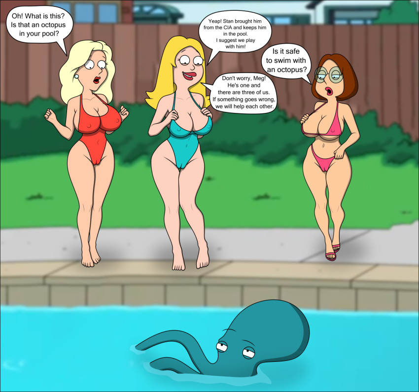 american_dad bikini blonde blonde_hair brown_hair brunette cameltoe dialogue dialogue_box erect_nipples family_guy francine_smith glasses lana_lockhart meg_griffin octopus pool sexfightfun smile smiley_face swimsuit tentacle tentacles threesome yuri