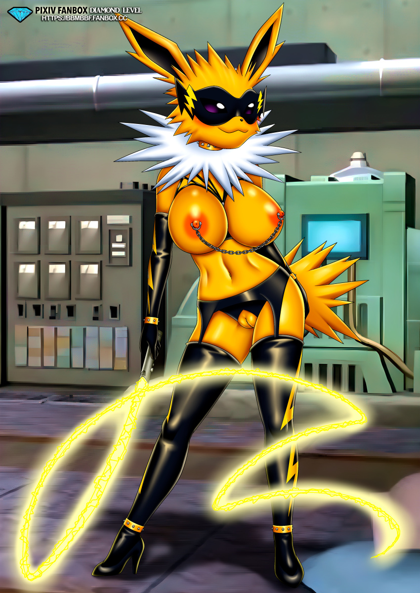 1girl anthro anthro_only bbmbbf black_stockings bondage_gear bondage_outfit collar_ring diamond_level eeveelution female_focus female_only female_pokemon fishnets high_heels huge_breasts jolteon linked_piercing nintendo nipple_chain nipple_piercing nude nude_female nudity palcomix panties pietro's_secret_club pokemon pokemon_(game) pokemon_(species) pokepornlive purple_eyes shoes stockings