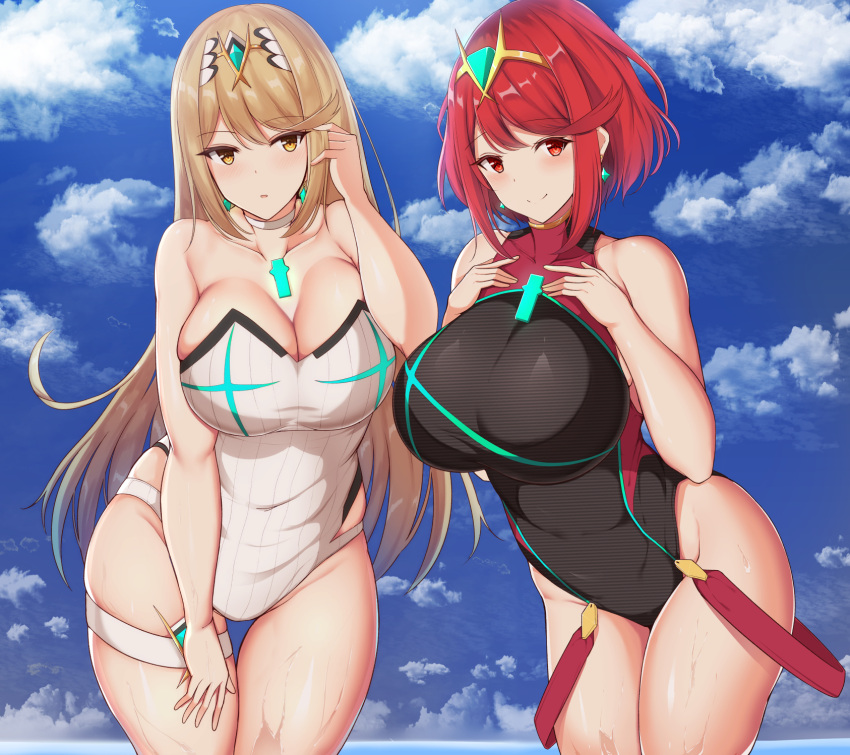 2_girls adjusting_hair alluring bangs big_breasts bikini blonde_hair blue_sky blush chest_jewel choker cleavage cleavage_cutout cloud cloudy_sky collarbone cowboy_shot day dual_persona eyebrows_visible_through_hair gem hand_on_own_chest headpiece high_res highleg highleg_swimsuit light_brown_eyes light_brown_hair long_hair looking_at_viewer medium_hair multiple_girls multiple_persona mythra nintendo noeomi one-piece_bikini one-piece_swimsuit outside pyra red_eyes red_hair shoulder_armor skindentation sky swept_bangs swimsuit thick_thighs thigh_gap thigh_strap thighs tiara white_choker white_swimsuit xenoblade_(series) xenoblade_chronicles_2 yellow_eyes