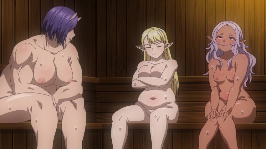 1girl 2girls 3girls anime_screenshot beer_belly big_breasts big_butt blonde_hair bubble_butt butt_crack completely_nude_female curvy curvy_figure cuvaceous dark-skinned_female dark_elf dark_purple_hair dark_skin elf elf-san_wa_yaserarenai elf_female elfuda fat_ass female horns huge_butt kuroeda light_purple_hair long_hair muscle_girl naked nude oga ogre plump plus-sized_elf pointy_ears purple_hair sauna sitting_on_towel steam tagme thick_thighs thighs voluptuous voluptuous_female wide_hips