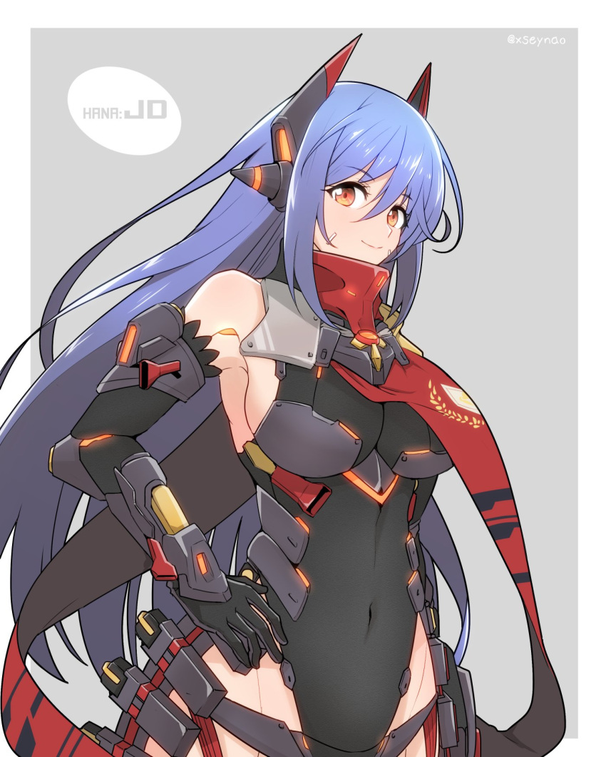 1girl 1girl alluring artist_name big_breasts black_leotard blue_hair character_name covered_navel eyebrows_visible_through_hair gloves grey_background headpiece high_res leotard long_hair looking_at_viewer mochimochi_(xseynao) nintendo orange_eyes poppi_(xenoblade) poppi_qtpi_(xenoblade) red_scarf scarf sideboob smile upper_body xenoblade_(series) xenoblade_chronicles_2