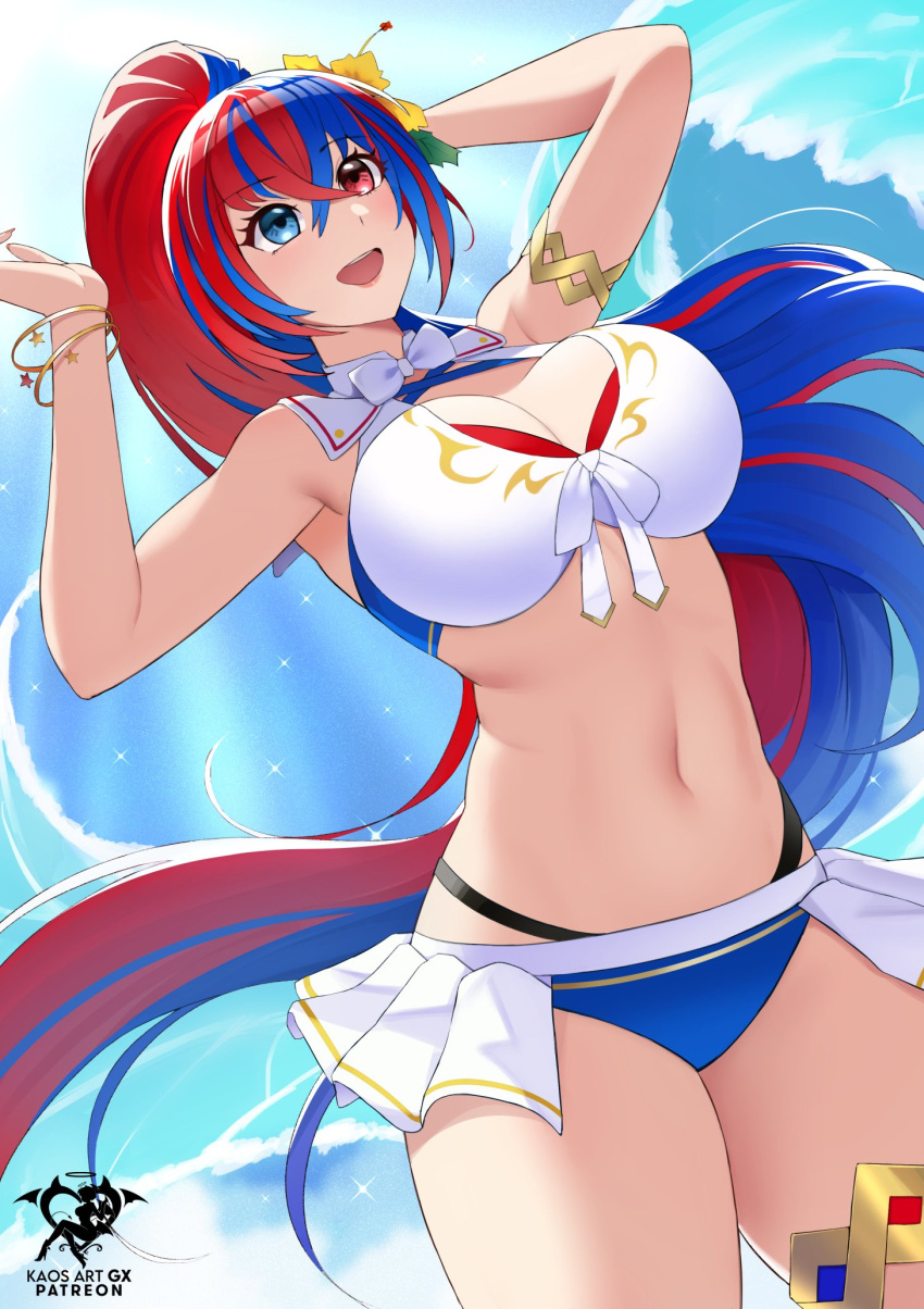 1girl alear_(female)_(fire_emblem) alear_(female)_(seaside_dragon)_(fire_emblem) alear_(fire_emblem) alluring big_breasts bikini blue_bikini blue_eyes blue_hair cleavage crossed_bangs fire_emblem fire_emblem_engage fire_emblem_heroes heterochromia high_res kaos_art long_hair multicolored_clothes multicolored_hair nintendo official_alternate_costume official_alternate_hairstyle ponytail red_bikini red_eyes red_hair split-color_hair swimsuit two-tone_hair very_long_hair white_bikini