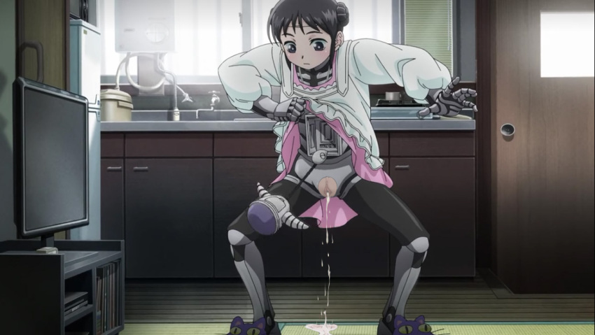 artificial_vagina black_hair boku_no_tsuma_wa_kanjou_ga_nai cum_drip cum_in_pussy cum_pool double_bun edit hair_bun lifted_by_self lifting_clothing mina_(bokutsuma) nekom14 robot_girl screencap sex_robot spread_legs