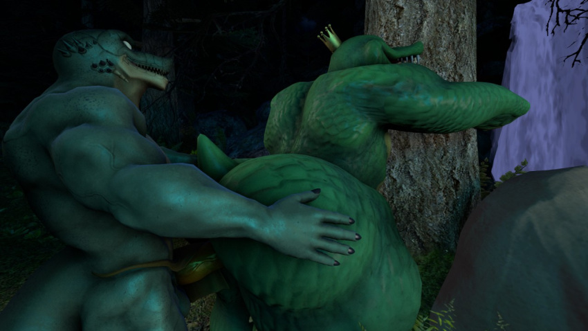 3d anal anal_sex anthro ass big_ass crocodilian donkey_kong_(series) female_k_rool forest furry huge_ass k_rool king_k._rool kremling looking_pleasured male male/male male_only male_penetrating muscular reptile source_filmmaker