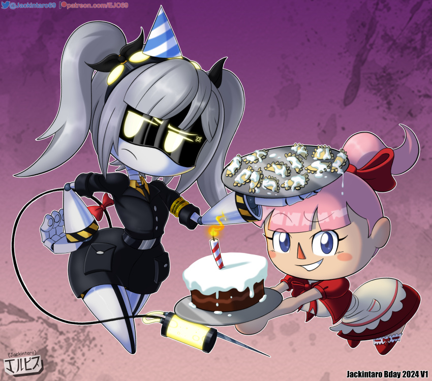 animal_crossing animal_crossing_boy birthday blue_eyes bow cake clothed clothing crossover digital_media_(artwork) empanadas fanart glitch_productions grey_hair human j_(murder_drones) jackintaro looking_at_viewer murder_drones nintendo pink_hair ponytail ribbon robot robot_boy simple_background twin_tails uniform villager_(animal_crossing) yellow_eyes