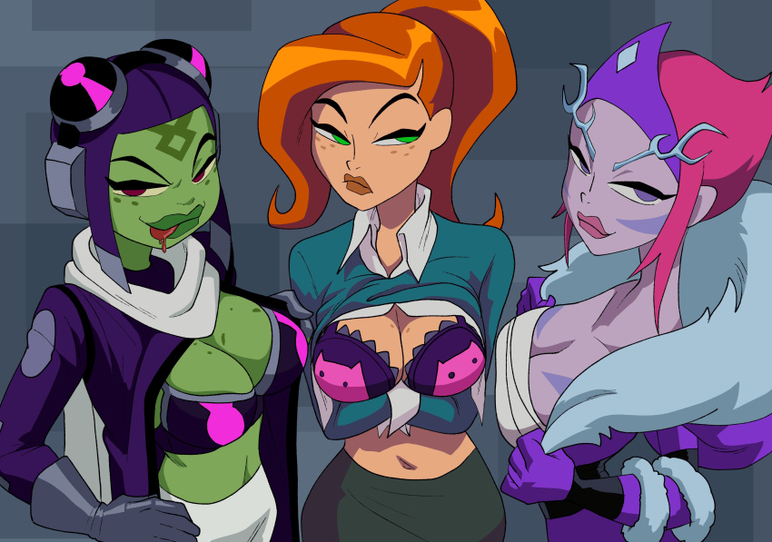 1girl 3_girls alien alien_girl attea bangs ben_10 ben_10:_omniverse big_breasts bodypaint bra breast_comparison breasts breasts_out coolerinker covered_nipples ester ester_(ben_10) female_focus female_only flashing_breasts frog_girl ginger ginger_hair green_eyes gwen_tennyson gwen_tennyson_(omniverse) humanoid incursean inker_comics inkershike kraaho multiple_girls older older_female orange_hair pink_skin ponytail presenting_breasts red_hair revealing_clothes size_comparison wraps young_adult young_adult_female young_adult_woman