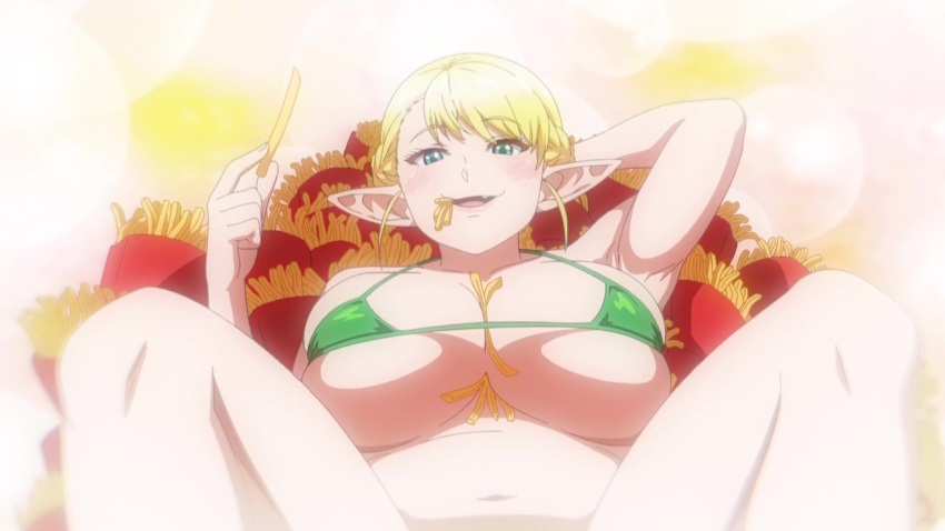 blonde_hair chubby_female elf-san_wa_yaserarenai elf_female elfuda french_fries green_bikini plus-sized_elf tagme