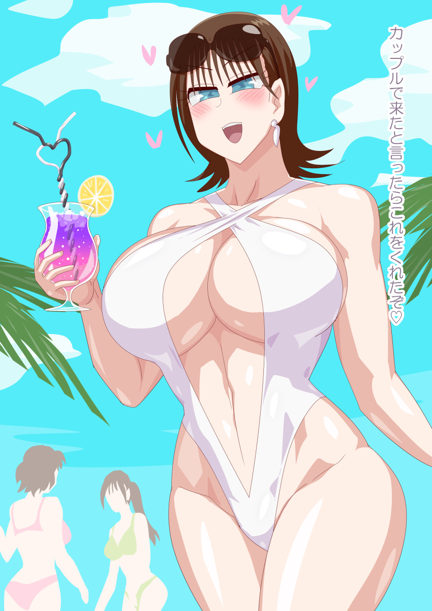 1girl alluring avataro_sentai_donbrothers bare_legs beach big_breasts bikini blue_eyes brown_hair cleavage one-piece_bikini otokam1117 sononi super_sentai