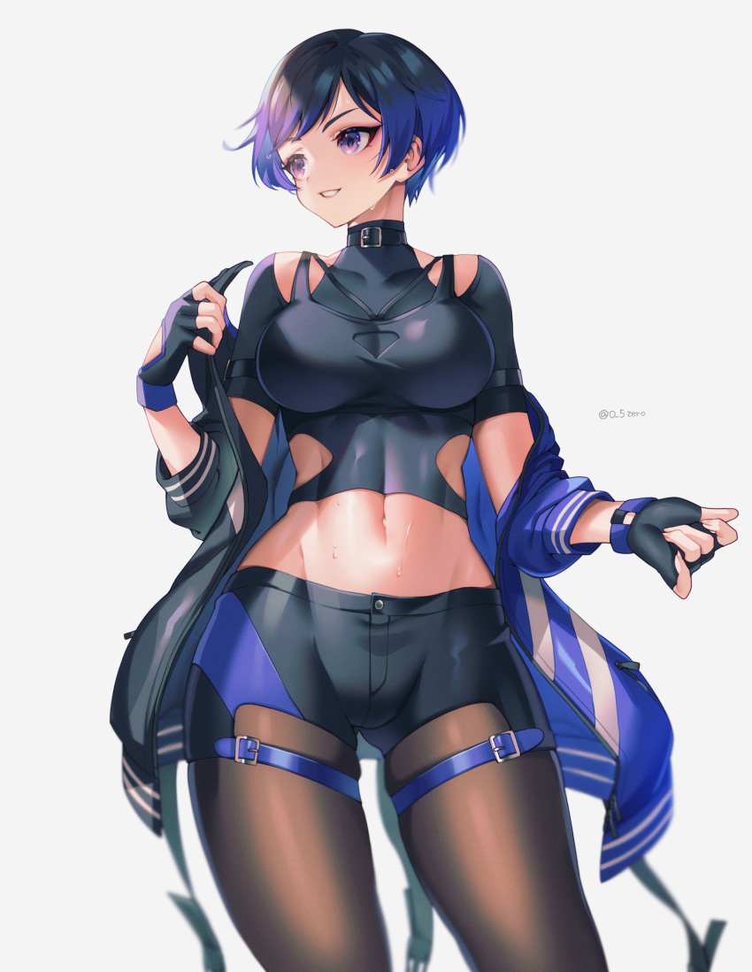 0_5zero 1girl abs alluring athletic athletic_female big_breasts black_and_purple_hair female_abs female_only fit_female fully_clothed namco reina_(tekken) standing sweat tekken tekken_8 thick_thighs tight_clothing