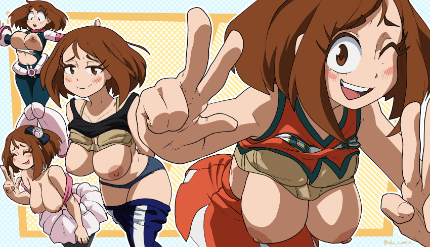 1girl big_areola big_breasts big_nipples breast_slip coolerinker costume different_angle different_clothes different_poses female_focus female_only inker_comics inkershike my_hero_academia nipple_slip ochako_uraraka shirt_lift solo_female solo_focus superhero_costume v wardrobe_malfunction