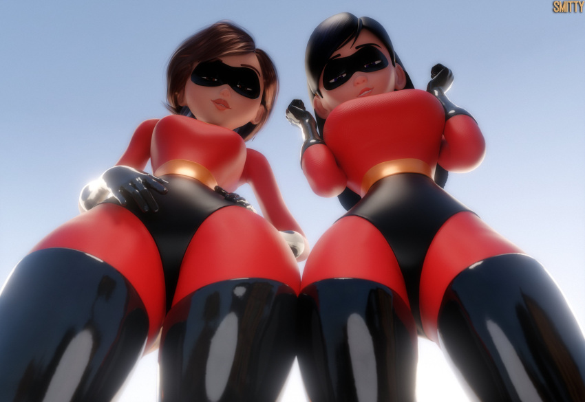 1girl 2_bodysuits 2_girls 3d 3d_(artwork) 3d_model aged_up big_breasts bodysuit breasts disney elastigirl female_only helen_parr hero_costume high_res high_resolution horny horny_female jpeg latex looking_at_viewer looking_down milf mother_&_daughter multiple_females multiple_girls older_female pixar pixar_mom skin_tight smitty34 the_incredibles the_incredibles_2 thick_thighs violet_parr voluptuous voluptuous_female wide_hips