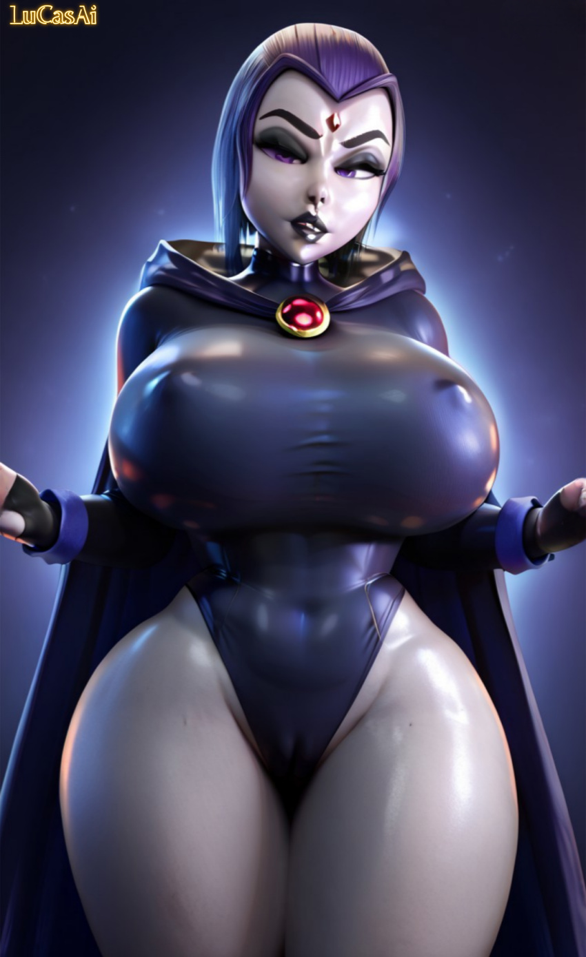 1girl 3d 3d_(artwork) abstract_background ai_generated ass big_breasts black_lipstick breasts cameltoe cape curvaceous curvy curvy_female curvy_figure forehead_jewel goth_girl grey_body grey_skin high_res hourglass_figure leotard lipstick looking_at_viewer lucasai nipple_bulge older older_female purple_eyes purple_hair rachel_roth raven_(dc) short_hair solo_female solo_focus standing teen_titans thick_thighs tight_clothing wide_hips young_adult young_adult_female young_adult_woman