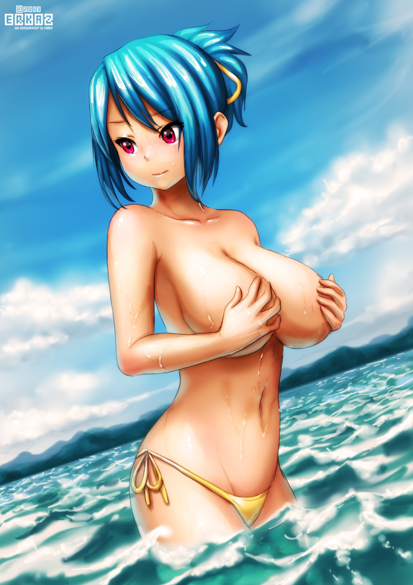 1girl big_breasts bikini blue_hair blue_sky breasts cloud covering covering_breasts embarrassed erkaz hair hand_bra highres huge_breasts navel ocean original pink_eyes ponytail red_eyes rina_atherina short_hair side-tie_bikini sky solo swimsuit topless water wavy_mouth wet yellow_bikini