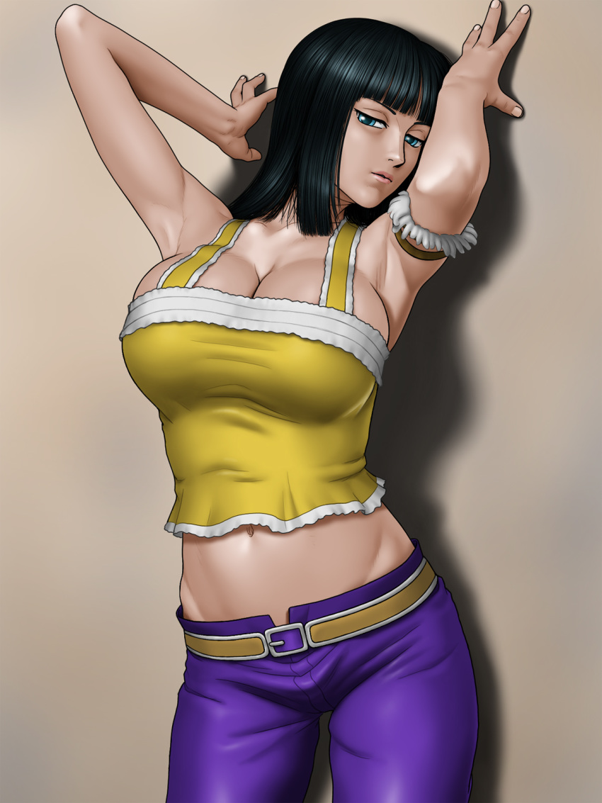 1girl armpits arms_up bare_shoulders belt black_hair blue_eyes breasts brown_background cleavage female highres hips huge_breasts karma-laboratory karma_laboratory legs long_hair looking_at_viewer midriff navel nico_robin one_piece pants shadow simple_background skypiea solo standing thighs