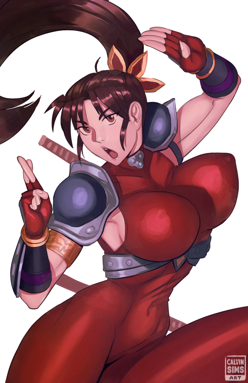 1girl absurd_res alluring artist_name big_breasts brown_eyes brown_hair calvin_sims covered_erect_nipples crossed_fingers fingerless_gloves gloves high_res jumpsuit long_hair looking_at_viewer ninja project_soul shoulder_pads soul_calibur soul_calibur_ii soul_calibur_iii soul_calibur_vi sword taki weapon