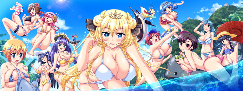 aqua_hair big_ass big_breasts bikini blonde_hair blue_eyes blush breasts brown_eyes brown_hair cleavage embarrassing flower fox funny green_eyes hat huge_ass jewelry long_hair orange_eyes pink_eyes pink_hair pool purple_eyes purple_hair shiny shiny_skin short_hair shy side-tie_bikini smile string_bikini sunflower surprise tiara topless twin_tails wardrobe_malfunction water wet yellow_eyes