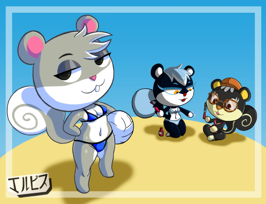 agent_s_(animal_crossing) animal_crossing anthro beach bikini blaire_(animal_crossing) furry jackintaro squirrel tasha_(animal_crossing)