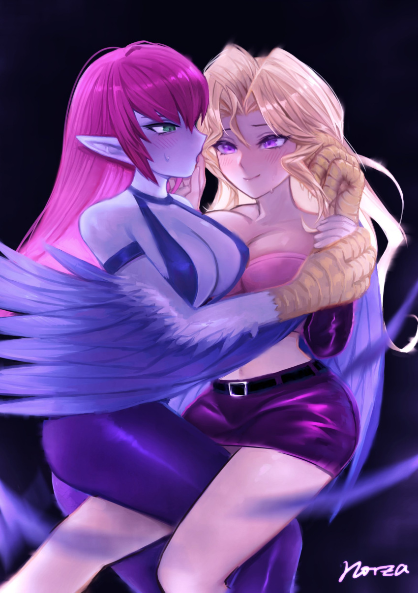 2_girls blonde_hair blush claws feathered_wings green_eyes harpie_lady lesbian mai_valentine naughty_face norza norza_(artist) pointy_ears purple_eyes purple_hair sweat you_gonna_get_raped yu-gi-oh! yuri yuu-gi-ou