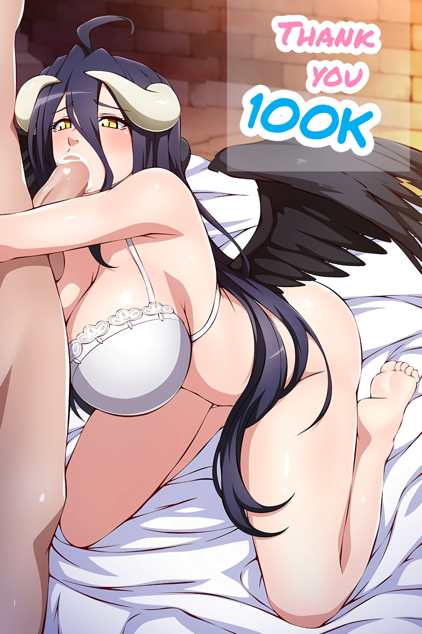 1boy 1boy1girl 1girl ahoge albedo_(overlord) big_breasts black_hair black_wings blue-senpai brick_wall cum cum_in_mouth english_text eyebrows_visible_through_hair fellatio horns huge_breasts light-skinned_female long_hair male male/female massive_breasts milestone_celebration nipples nude nude_female oral overlord overlord_(maruyama) penis soles solo_focus tagme toes very_long_hair wings yellow_eyes