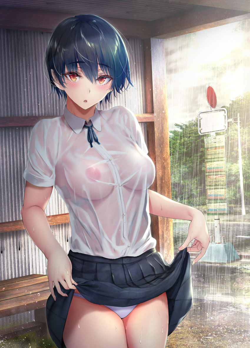 big_breasts female_focus female_only gentsuki lifted_by_self looking_at_viewer no_bra open_mouth presenting_panties red_eyes school_uniform see-through serafuku short_hair skirt_lift transparent_clothing wet_clothes white_panties