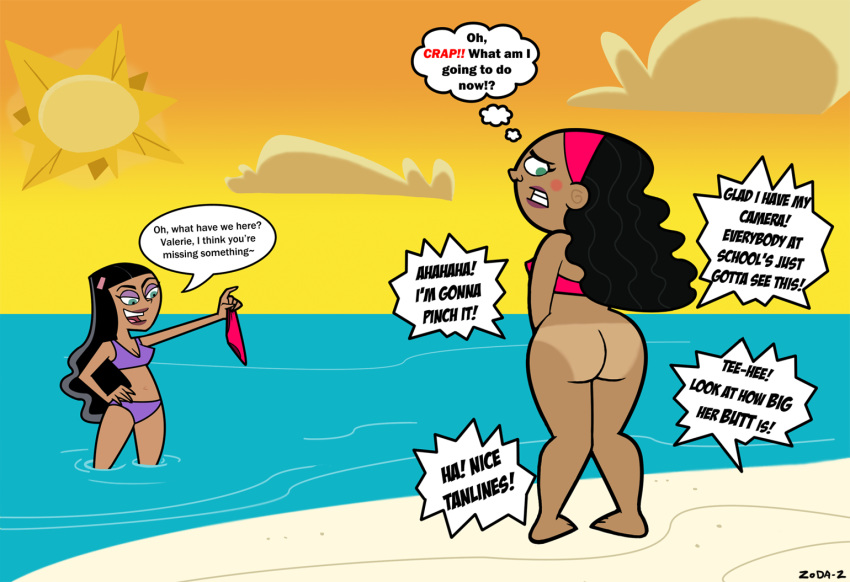 bikini bikini_bottom black_hair blush bottomless cover_up danny_phantom embarrassing funny green_eyes lipstick long_hair looking_back looking_down paulina paulina_sanchez public sad smile summer sun surprise tan tan_line valerie_gray wardrobe_malfunction water wide_hips zoda-x_(artist)