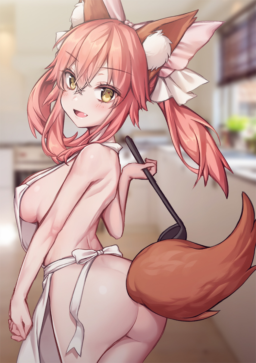 1girl animal_ear_fluff animal_ears apron ass big_breasts blush breasts fang fate/extella fate/extra fate/extra_ccc fate/grand_order fate_(series) female_only fox_girl fox_tail hachihachy hadaka_apron high_resolution indoors kitchen kitsunemimi looking_at_viewer naked_apron nude open_mouth pink_hair ribbon sideboob solo_female tail tamamo_no_mae_(fate) white_apron white_ribbon yellow_eyes