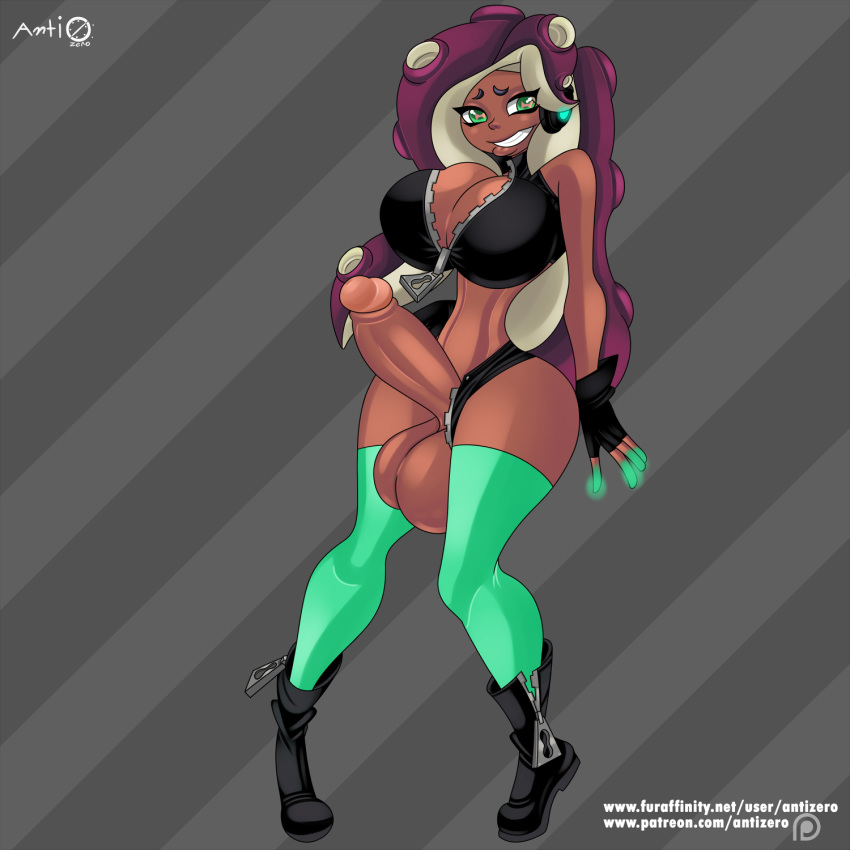 1futa antizero bbc big_breasts big_penis big_testicles breasts cleavage dark_skin embarrassed futa_only futanari marina_(splatoon) octoling penis smile solo_futa splatoon testicles wardrobe_malfunction