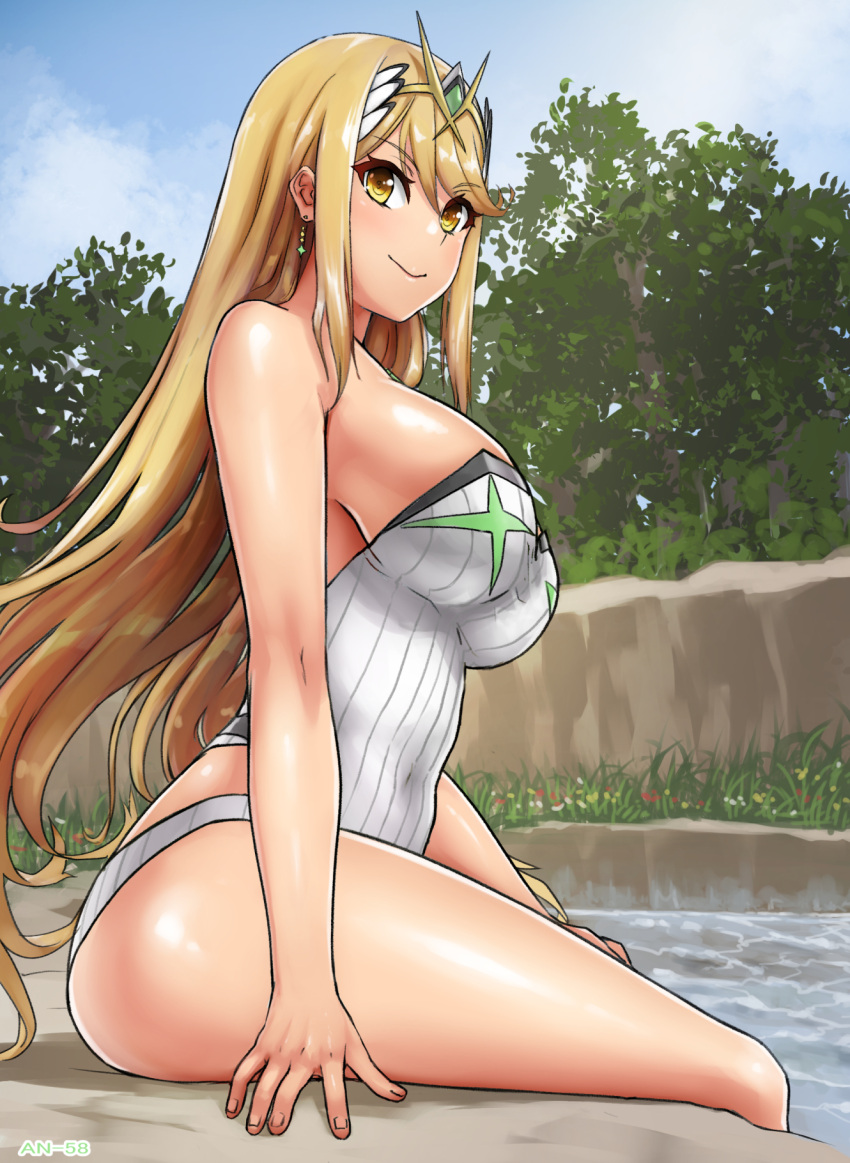 1girl alluring angoha arm_support bare_shoulders big_breasts blonde_hair earrings gem hair_ornament headpiece high_res jewelry mythra mythra_(radiant_beach)_(xenoblade) nintendo one-piece_bikini sideboob sitting smile super_smash_bros. swimming_pool swimsuit tiara tree water xenoblade_(series) xenoblade_chronicles_2 yellow_eyes