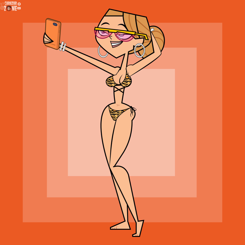 1girl armlet bikini blonde blonde_hair bracelet carazar_zone cartoon_network cleavage earrings hair_bun jewelry julia_(tdi) navel phone purple_eyes solo_female solo_focus sunglasses taking_picture total_drama_island total_drama_island_(2023)