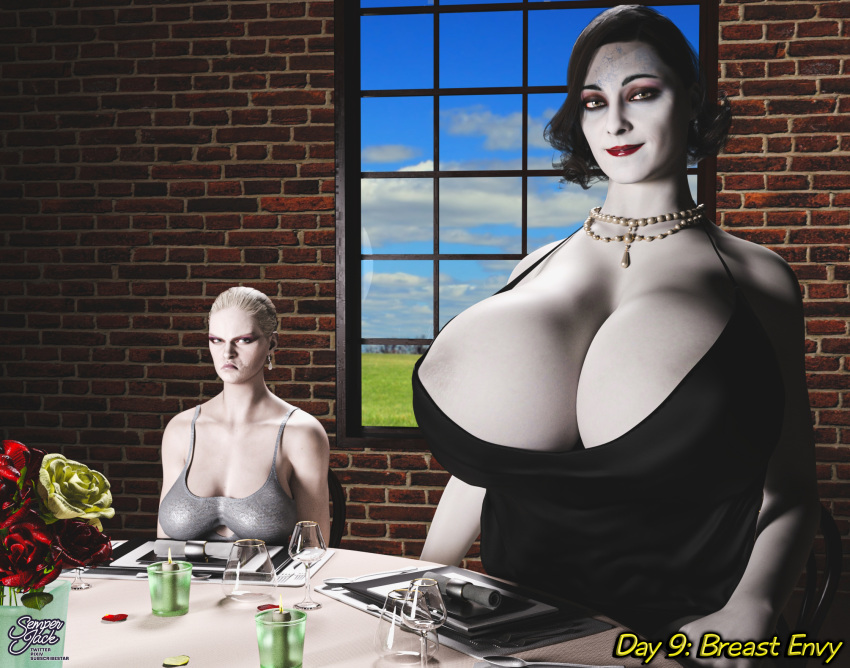 2_girls 3d alcina_dimitrescu angry angry_face black_hair blonde_hair breast_envy earrings gigantic_breasts lady_dimitrescu mother_miranda necklace resident_evil resident_evil_8:_village semper_jack size_difference vampire white_skin