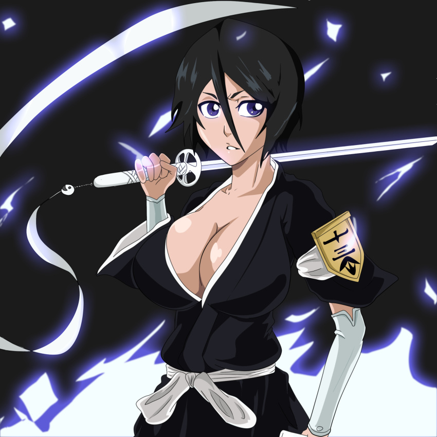 1girl big_breasts black_hair bleach breasts cleavage female_only greengiant2012 kuchiki_rukia purple_eyes rukia rukia_kuchiki sode_no_shirayuki sword weapon