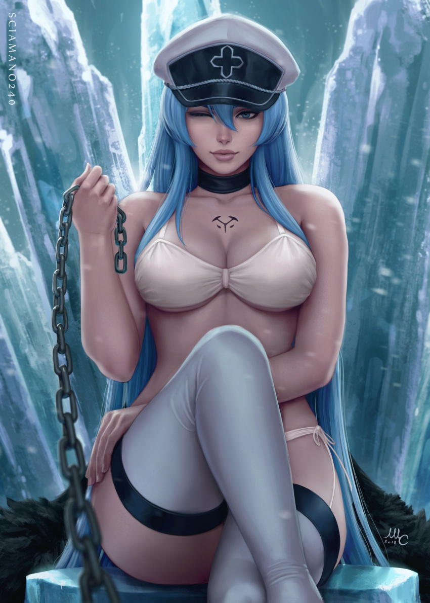 1girl 1girl 1girl akame_ga_kill! blue_eyes blue_hair blush chest_tattoo crossed_legs curvaceous curvy esdeath female_only high_res high_resolution huge_breasts human ice leash long_hair looking_at_viewer sciamano240 seductive seductive_smile sitting solo_female thick_thighs