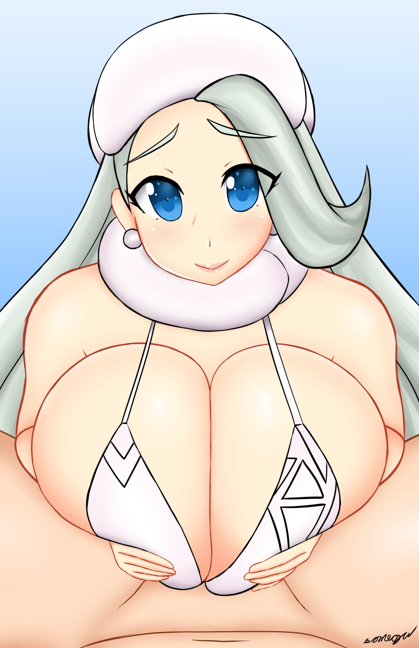 1boy 1girl alternate_breast_size blue_eyes breasts earrings engulfing_paizuri gym_leader high_resolution huge_breasts human human_only jewelry long_hair looking_at_viewer mature mature_female mature_woman melony_(pokemon) milf nintendo paizuri pokemon pokemon_ss pov somegu