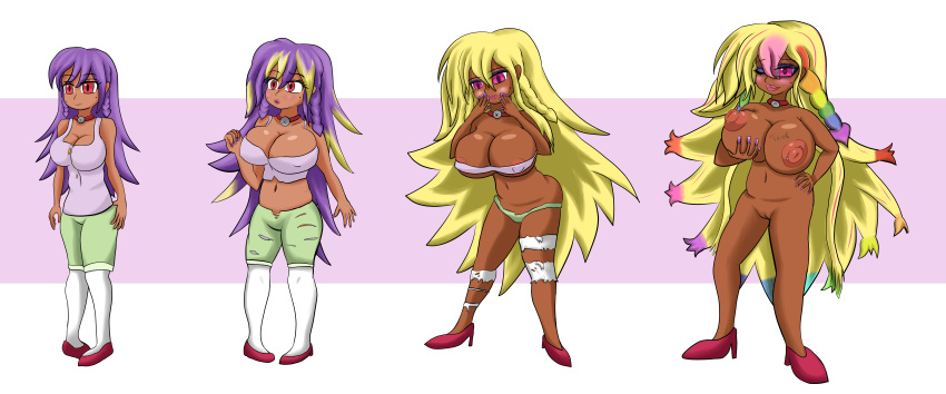 1girl 2019 areola bimbo bimbofication blonde_hair breast_growth breast_hold nipples oc original original_character purple_hair pussy ripped_clothing sequence thatfreakgivz transformation