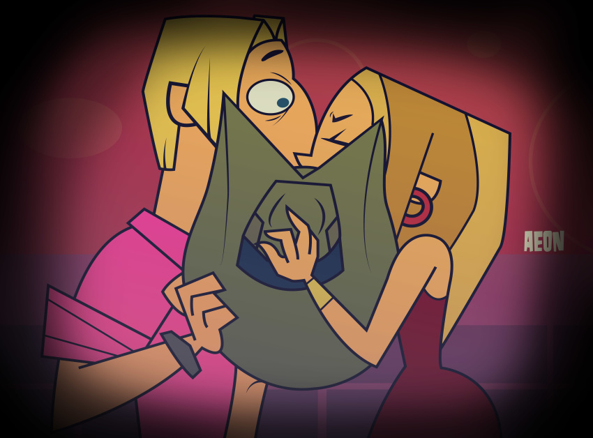 aeon708 big_breasts blonde_hair blue_eyes bridgette_(tdi) cartoon_network cowboy_hat geoff_(tdi) hourglass_figure kissing light-skinned_female long_blonde_hair long_hair thick_ass thick_legs thick_thighs total_drama_island