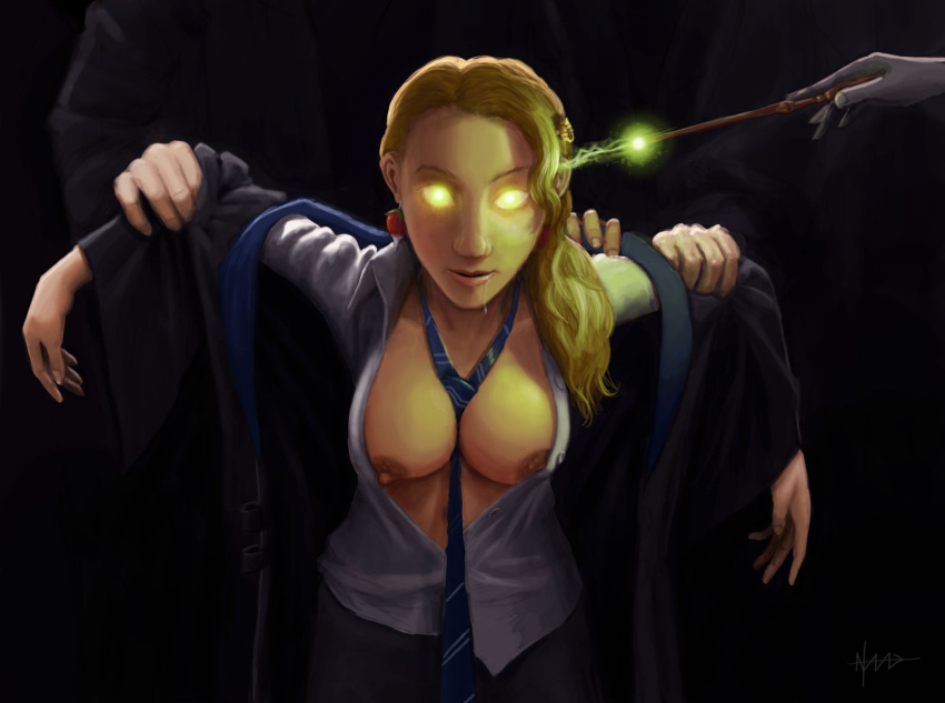 blonde_hair breasts death_eater drooling female female_human glowing_eyes harry_potter luna_lovegood mind_control no_bra partially_clothed partially_unbuttoned school_uniform shirt wand