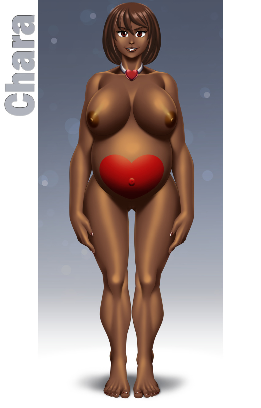 alternate_skin_color areolae big_breasts breasts brown_eyes brown_hair brown_skin chara chara_(undertale) character_name commission dark-skinned_female dark_skin female heart idarkshadowi_(artist) nipples nude pregnant pussy short_hair solo tattoo undertale