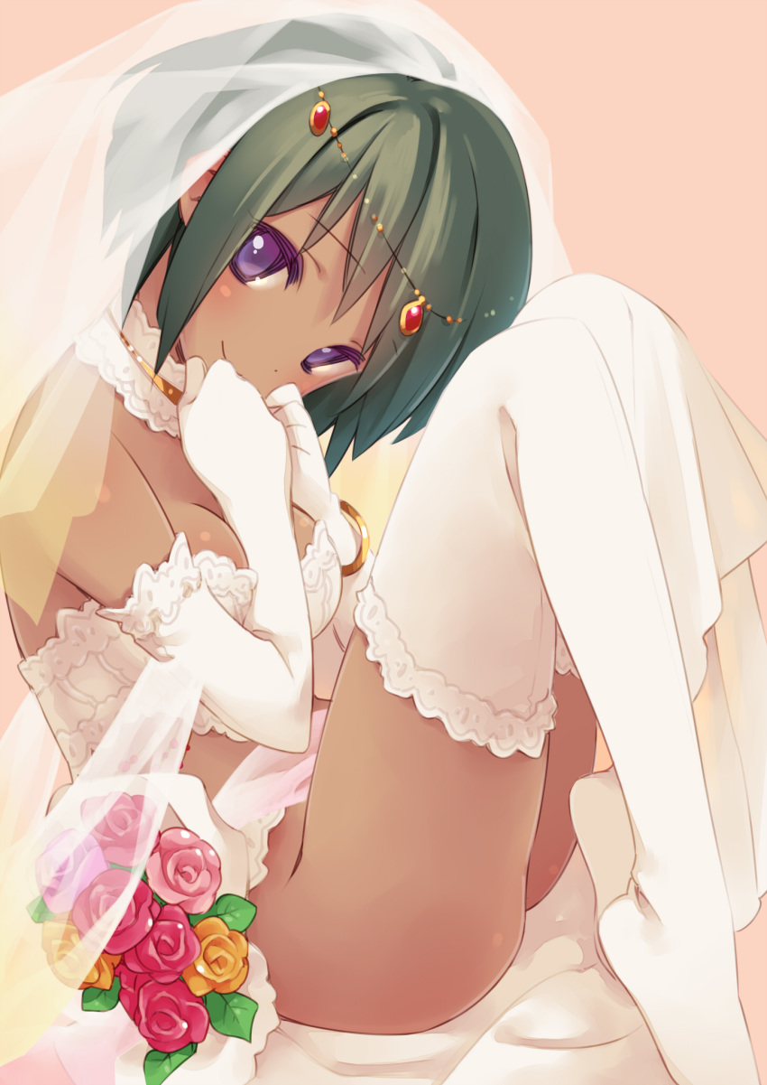 1girl bottomless bouquet bracelet breasts circlet dark_skin elbow_gloves feet flower flowers gayarou gloves green_hair highres idolmaster idolmaster_cinderella_girls jewelry looking_at_viewer lots_of_jewelry natalia_(idolmaster) no_panties no_shoes pink_background purple_eyes short_hair sitting smile solo stocking thighhighs veil wedding_dress white_gloves white_legwear