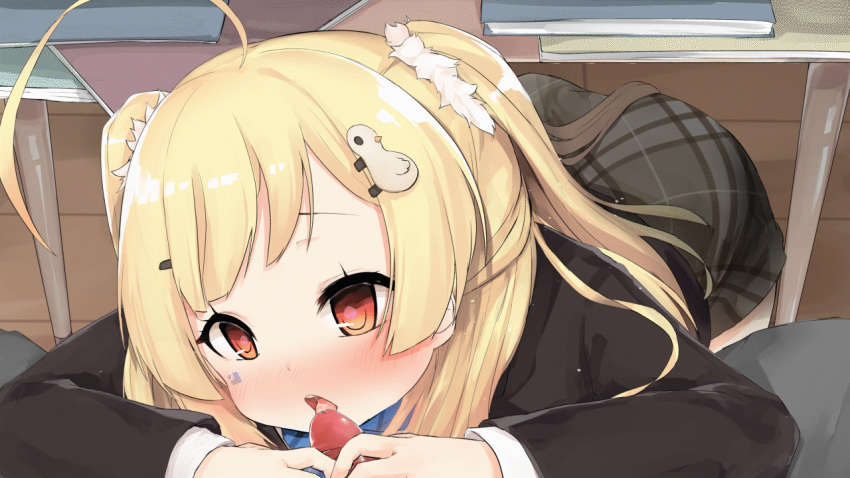 2019 azur_lane blonde_hair blush color eldridge_(azur_lane) gif high_res high_resolution licking_penis long_hair momochieri school_uniform twin_tails young