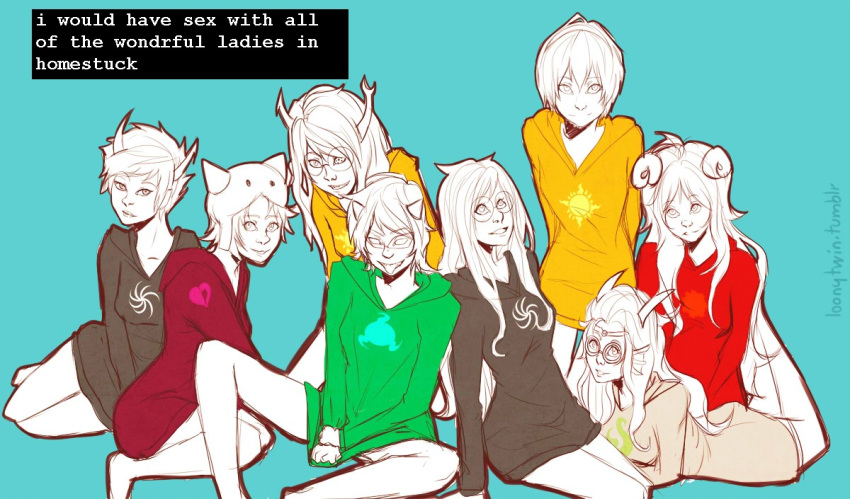 aradia_megido feferi_peixes female glasses half_naked homestuck hoodies jade_harley kanaya_maryam long_hair loonytwin nepeta_leijon rose_lalonde short_hair teen terezi_pyrope vriska_serket