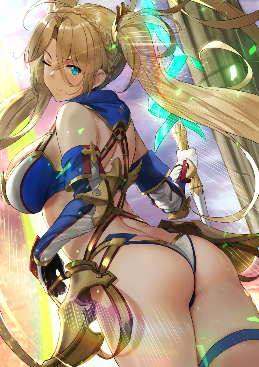 1girl ahoge ass back backlighting bangs bare_shoulders big_breasts bikini bikini_bottom bikini_top blonde_hair blue_bikini blue_bikini_top blue_eyes blush bradamante_(fate) braid breasts cleavage elbow_gloves fate/grand_order fate_(series) faulds female_only french_braid gloves hews_hack high_res lens_flare long_hair looking_at_viewer looking_back one_eye_closed panties pillar polearm smile swimsuit tagme thigh_strap thighs twin_tails very_long_hair video_game_character video_game_franchise weapon white_bikini white_bikini_bottom