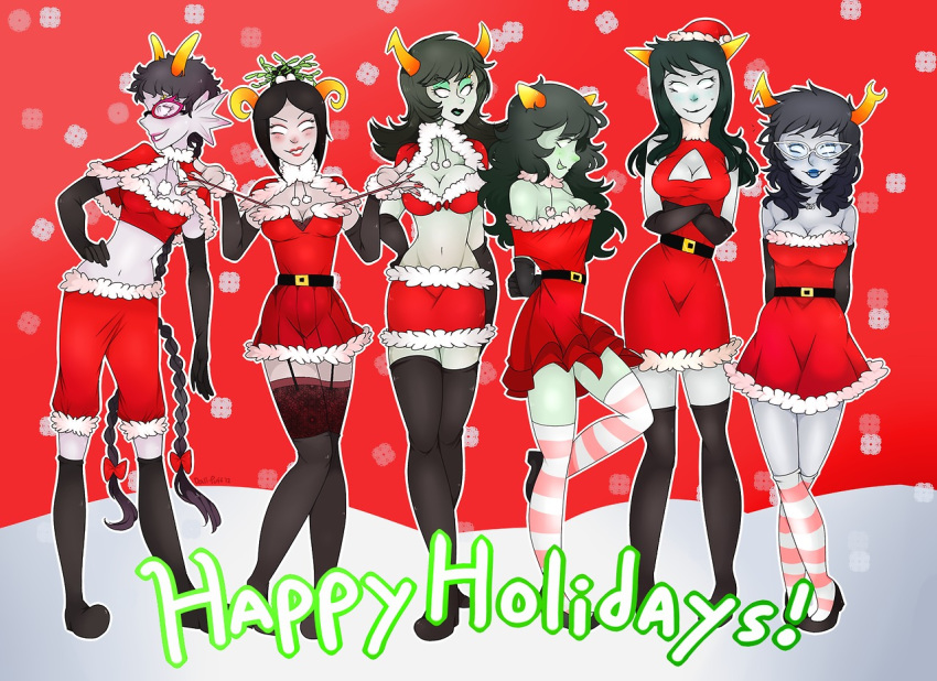 aranea_serket black_hair breasts damara_megido female girls holiday homestuck latuna_pyrope long_hair meenah_peixes meulin_leijon porrim_maryam short_hair stockings