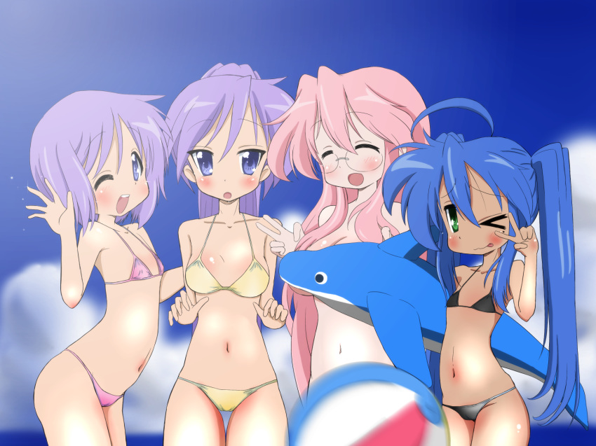 4girls bad_id ball beachball bikini blue_eyes blue_hair censored closed_eyes convenient_censoring dolphin flat_chest glasses green_eyes hair highres hiiragi_kagami hiiragi_tsukasa inflatable_toy izumi_konata long_hair lucky_star mizushima_(p201112) multiple_girls nude one_eye_closed pink_hair purple_hair short_hair siblings sisters swimsuit takara_miyuki twins wink