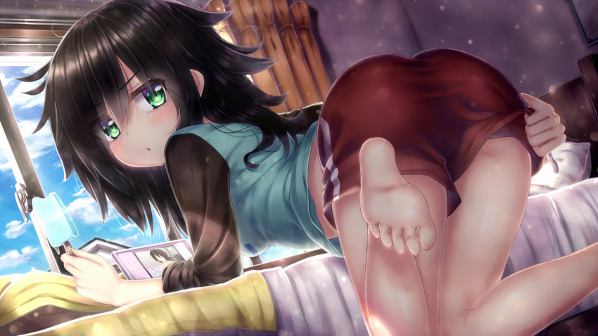 1girl adjusting_clothes adjusting_shorts ass barefoot bed bedroom bent_over black_hair blue_sky dutch_angle feet green_eyes gym_shorts kneel kneeling kuroki_tomoko long_hair looking_back md5_mismatch nintendo_ds popsicle shorts sky soles solo toes wataru_(zazazazazazawa) watashi_ga_motenai_no_wa_dou_kangaetemo_omaera_ga_warui! window