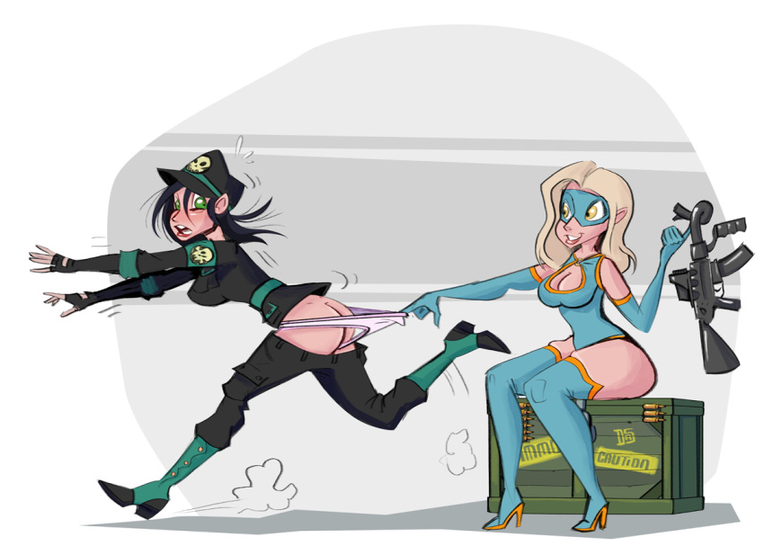 2girls ass black_hair blonde_hair boots breasts cleavage embarrassing fingerless_gloves funny gloves green_eyes gun hair hat headgear lipstick long_hair looking_back mask multiple_girls panties panties_pulling pants_down pink_panties red_lipstick running skull smile sodano_(artist) weapon wedgie yellow_eyes